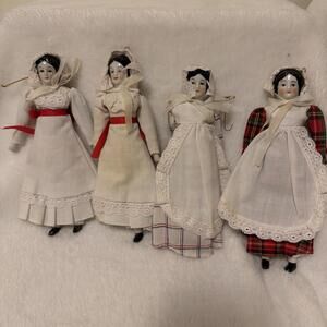 Vintage Porcelain Christmas Maid Dolls Set of 4 Red Plaid Dress Holiday Ornament